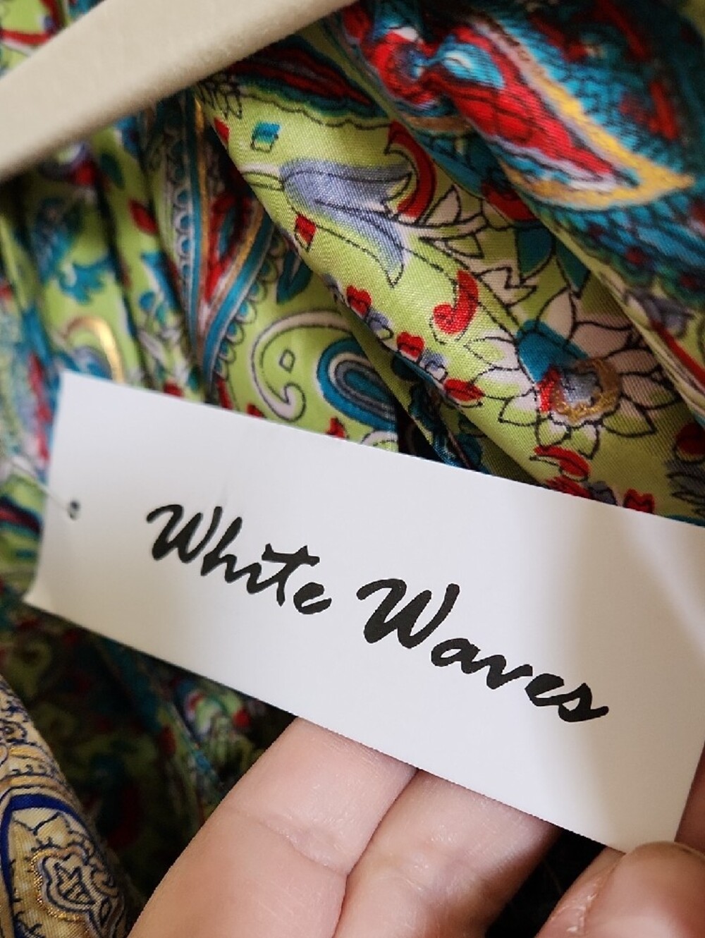 White Waves Green Paisley Tiered Boho Maxi Dress with Red & Blue Accents - Picture 10 of 11